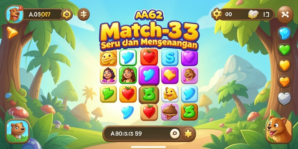 Screenshot permainan AA62 menampilkan level Match-3 yang menantang dan berwarna-warni.