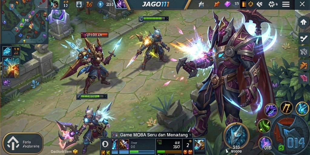 Screenshot utama gameplay <strong>JAGO11</strong> yang menunjukkan aksi pertempuran MOBA.
