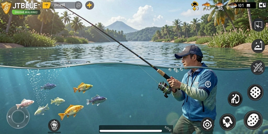 Tampilan gameplay JTBLUE yang menarik saat memancing.