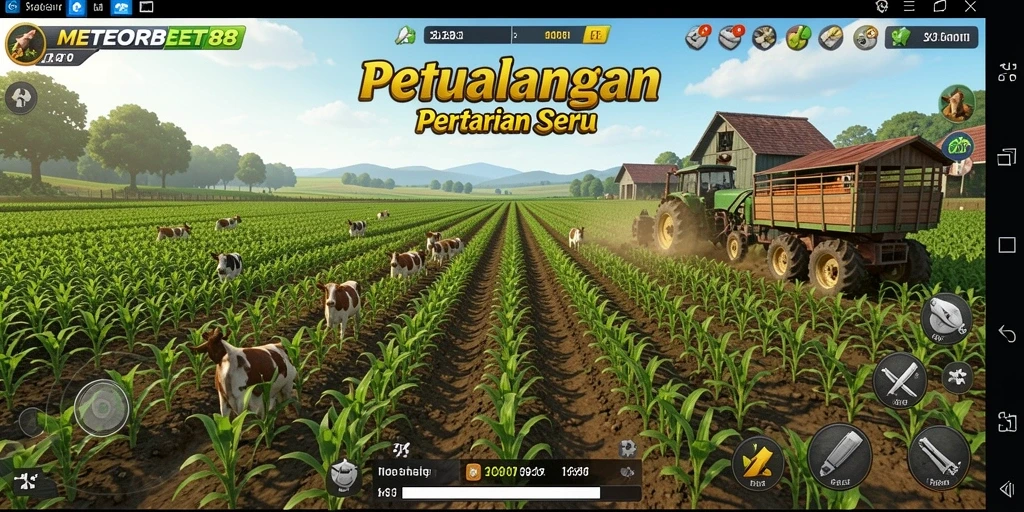 Screenshot gameplay METEORBET88 menampilkan petualangan seru di ladang pertanian.