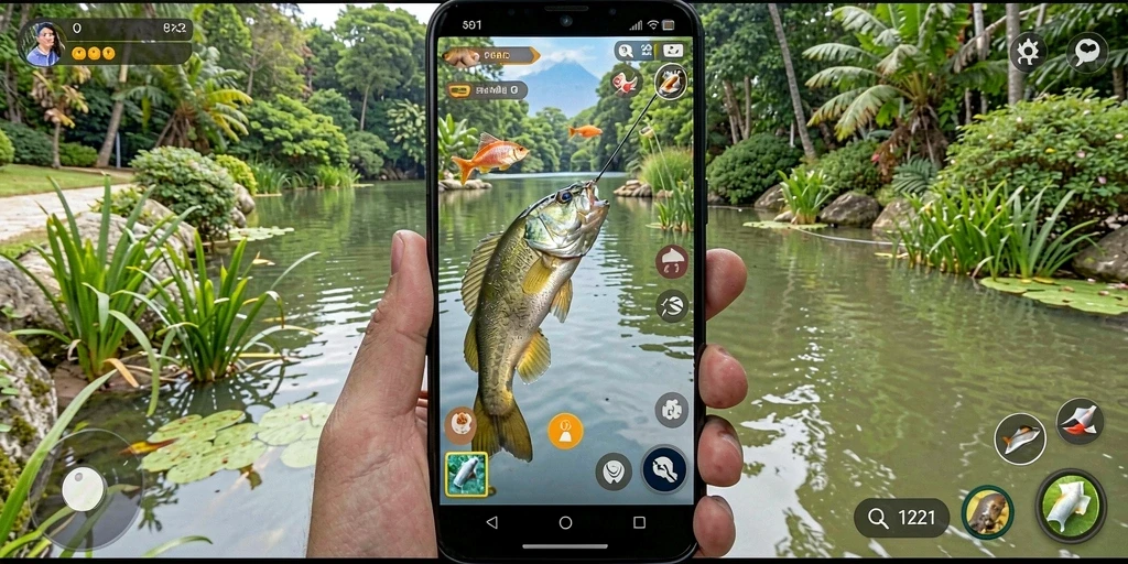 Tampilan gameplay menarik dalam QQ1221 yang menampilkan aksi memancing.