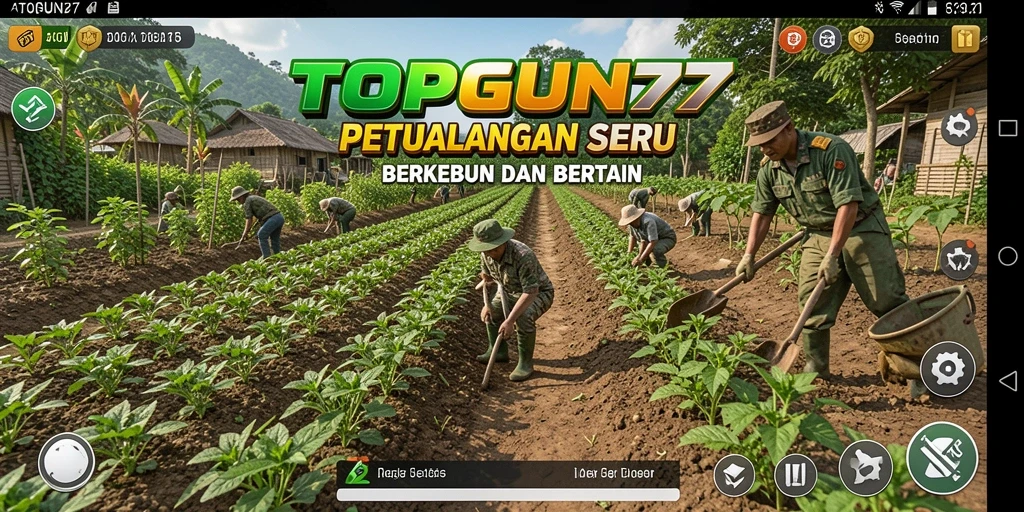 Screenshot utama menampilkan petani sedang merawat ladang hijau yang subur.
