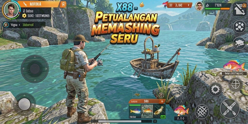 Screenshot utama X88 menampilkan gameplay memancing yang mengasyikkan.